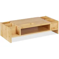 Relaxdays Soporte Monitor Bambú Monitorständer Bambus, Bildschirmerhöhung mit Fächern,