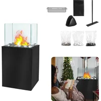 XINZI Tischkamin - Edelstahl, φ 35x18x80cm Ethanol Feuerstelle, für den Innen- und Außen, inkl. Steine, Glaskamin, Glasfeuer, Tisch-Dekofeuer - Schwarz/Silber