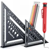 Preciva Zimmermannswinkel Set, Multifunktional Anschlagwinkel Metall Aluminium Lineal Winkelführung 18cm+30cm Schreinerwinkel Tischlerwinkel Winkelmesser [+ Tieflochmarker] Anreißen & Zeichnen