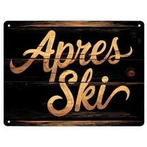 speecheese Apres Ski - Party Deko Metallschild XL in 21x28 cm Rustikales Metallschild XL in 21x28 cm mit Holzoptik mit charmanten Astlöchern leicht verzogen für warmen Charme