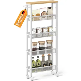 VASAGLE Rollwagen 5 Ebenen, Küchenwagen schmal, Nischenregal auf Rollen, Stahl, Griff, für kleine Räume, 13 x 45,4 x 99,6 cm, Küche, Bad, Wohnzimmer, Arbeitszimmer, eichenfarben-weiß LRC034W09