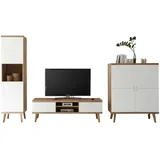 furn.design Wohnwand weiß Eiche Schrankwand, skandinavisch 3 teilig 337 x 197 cm, FSC 100%, Wohnzimmer Wohnwände, Wohnwand-Sets
