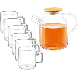 Wilmax Teekanne 1,6L + 6 Thermogläser 400 ml – Glaskanne mit Bambusdeckel & Sieb