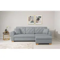 Ecksofa HOME AFFAIRE "MORVILLE Recamiere wahlweise links oder rechts montierbar, Federkern" Sofas Gr. B/H/T: 266 cm x 92 cm x 161 cm, Samtvelours, Recamiere beidseitig montierbar, PU-Schaum, grau (hellgrau) L-Form, incl. Schlaffunktion und großem Bettkasten, Zierkissen