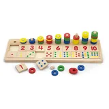 Zählspielzeug aus Holz für Kinder - Gummibaumholz, 41,5 x 13 x 7,5 cm, mehrfarbig - 55 Ringe, 20 Zahlsteine, Montessori