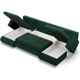 mebligo U-Sofa mit Schlaffunktion Foresta, 2 Chaiselongues, Cord - Dunkelgrün - Grün