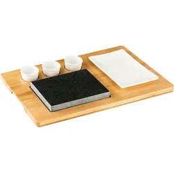 Muvell Hot Stone Granitstein Heißer Stein Grill Set 50x30x5 cm Bambusbrett inkl. Teller + 3 Beilagen-Dipschalen (Weiß, 7 - Teilig)