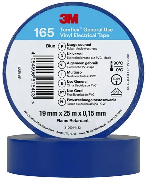 3M Temflex 165 Vinyl Elektro-Isolierband, 19mm breit, 25m lang, blau