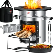 Kesser KESSER® Raketenofen Inkl. Grillpfanne aus Gusseisen mit Tragetasche, Dutch Oven BBQ Rakete Holzofen Camping Campingkocher Campinggrill, Edelstahl