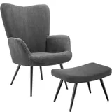 Tectake Ohrensessel Hygge Breitcord 71 x 100,5 x 73 cm Anthrazit mit Hocker