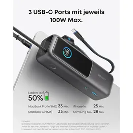 eufy Anker Powerbank (25K, 165W, Integriertes + einziehbares Kabel) Schwarz