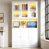 Merax Bücherschrank mit Glastüren und LED Beleuchtung 100×35×200 cm, Standregal mit Vitrine, offenem Fach mit Kabelmanagement und 3 Türen, Aktenschrank für Bücher und Ordner, Weiß