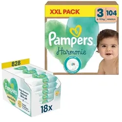 Pampers Windelset Harmonie Gr.3 Midi, 6-10kg, XXL Pack (1x 104 Windeln) und Feuchttücher Harmonie New Baby, 828 Tücher (18 x 46 Stk), 3 (6-11 kg)