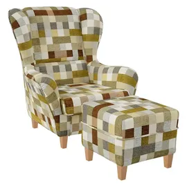 Supellex Ohrensessel Sofia kariert 70 x 100 x 80 cm Beige-Ocker mit Hocker