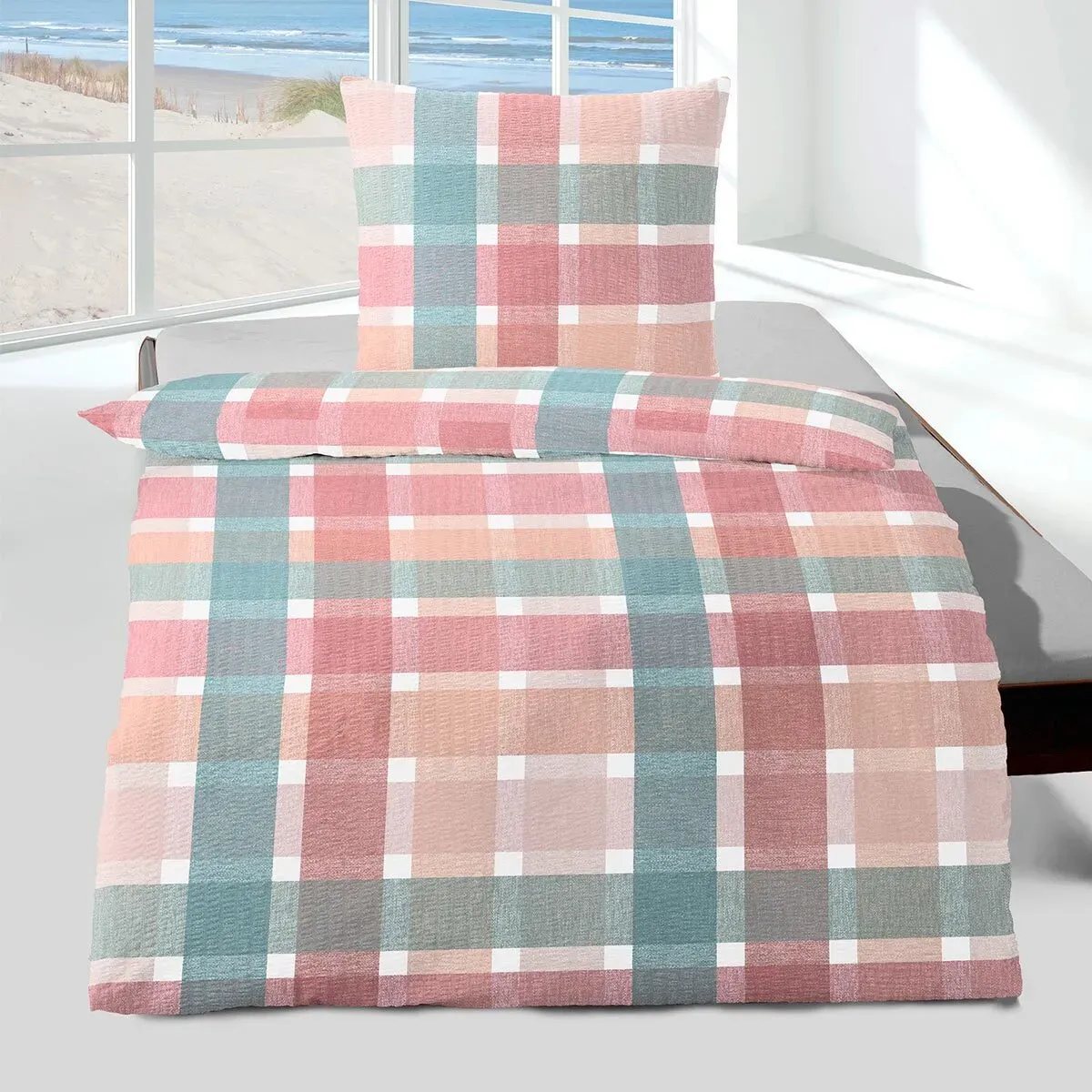 Traumschlaf Seersucker Bettwäsche Charlotte rot 155x220 cm + 80x80 cm - rot;blau
