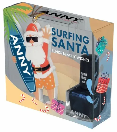 XMAS Set Surfing Santa Sends Beachy Wishes 45 = Nail Polish Ocean Blues 15 ml + Surfiig Santa Sends Beachy Wishes Kugel