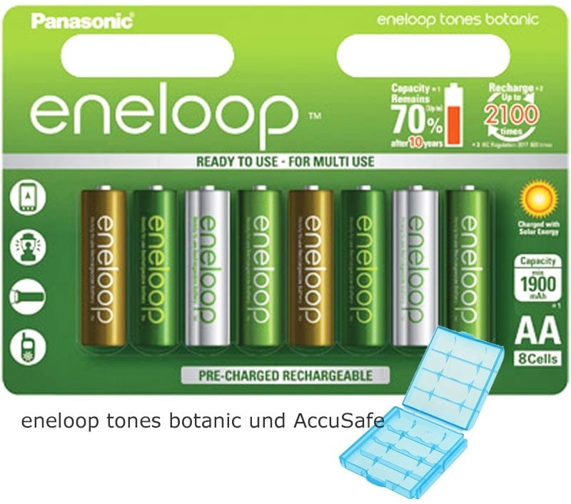 Die Panasonic Botanic eneloop Mignon Akku BK-3MCCE/8TE NiMH 1,2Volt mit 2000mAh im 8er Blister und AccuCell AccuSafe blue