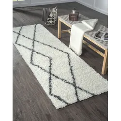 Hochflor-Läufer "My Shaggy Raute", beige (creme, dunkelgrau), B:80cm H:37mm L:200cm, Polypropylen (PP), MYFLAIR MÖBEL & ACCESSOIRES, Teppiche, Shaggy, Scandi Rauten Design, leicht glänzend, extra flauschig