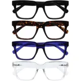 OPULIZE ERA Blaulichtfilter Lesebrille für Damen Herren - Entspiegelt & blendfrei - 4er-Pack UV400-Schutz - Großer rechteckiger Rahmen - Computerbrillen Gaming - Schwarz Braun Blau Klar - +1,00