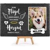 PfotenSchild Schieferplatte Gedenktafel für Hund & Katze - mit Foto und Name Bedrucken - Deine Flügel?unser Herz - Tiergrabstein, wetterfest - Schiefertafel 20x30cm I personalisiert