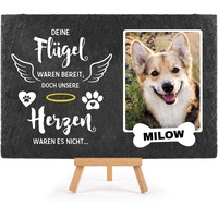 PfotenSchild Schieferplatte Gedenktafel für Hund & Katze - mit Foto und Name Bedrucken - Deine Flügel?unser Herz - Tiergrabstein, wetterfest - Schiefertafel 20x30cm I personalisiert
