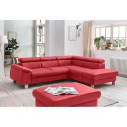 Polstergarnitur COTTA "Komaris L-Form", rot, B:249cm, Sitzmöbel-Sets, Set bestehend aus: Ecksofa mit Kopfteilverstellung & Hocker