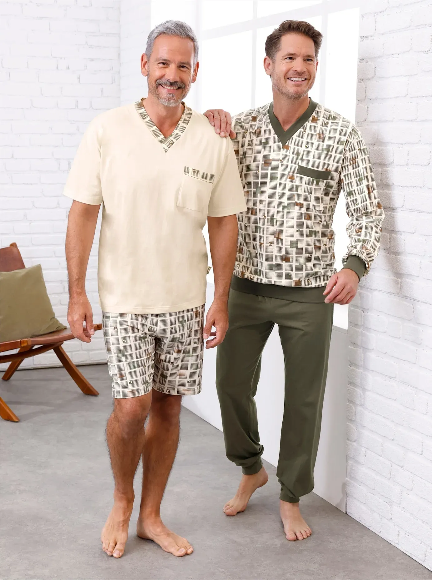 Schlafanzug GÖTTING, Herren, Gr. 48, grün (champagner, oliv, bedruckt), 100% Baumwolle, Homewear-Sets Schlafanzug