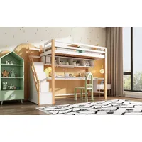 Ulife Hochbett Kinderbett Etagenbett mit Schreibtisch und Treppe Kiefer 90x200cm beige