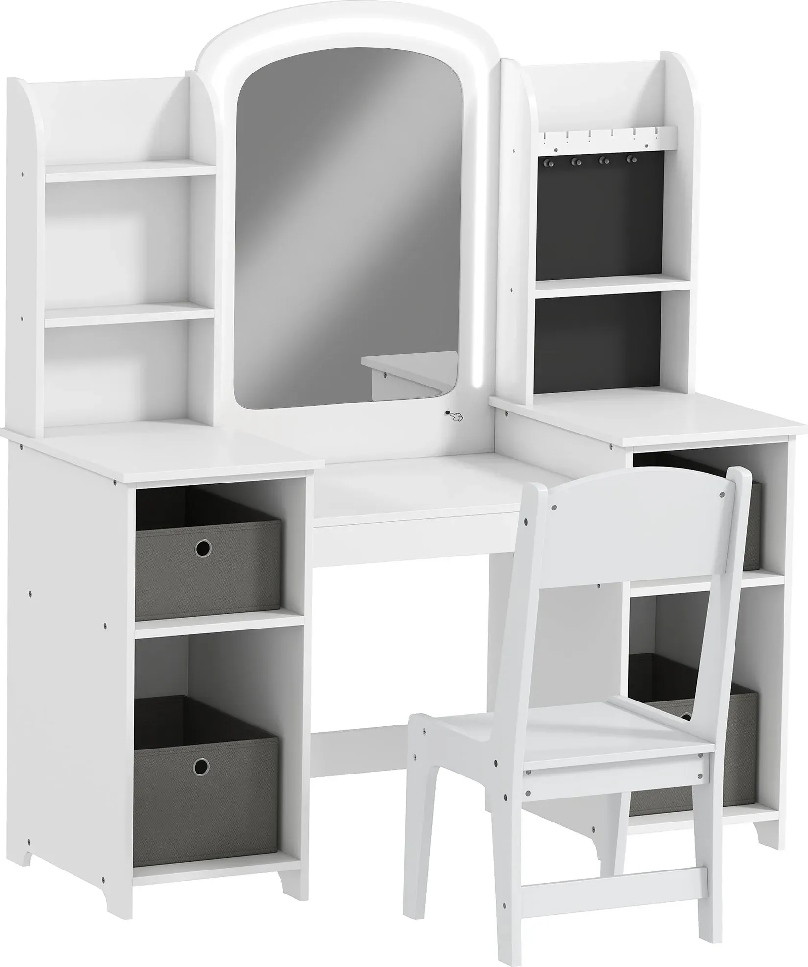 AIYAPLAY Kinderschminktisch mit Hocker und LED-Spiegel, Schminktisch für Mädchen aus Holz mit Stoffschubladen, offenen Regalfächern und Schmuckhaken, Schminktisch für 3–8 Jahre, weiß   Aosom