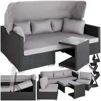 tectake® Rattan Lounge, mit Aluminiumgestell, wetterfest und UV-beständig, mit klapparem Sonnenschutz, mit Sicherheitsglasplatte, variabel aufstellbar