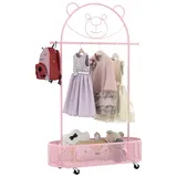 GOPLUS Kindergarderobe, mit Kleiderstange & Ablage, Kleiderständer mit 3 einstellbaren Höhen & Rollen, Cartoon-Garderobe für Kinderzimmer Schlafzimmer