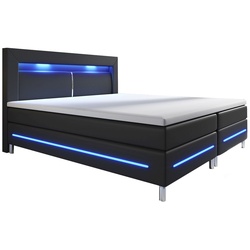 Juskys Boxspringbett Norfolk 180 x 200 cm – LED Beleuchtung, Bonell-Matratzen & Topper – schwarz