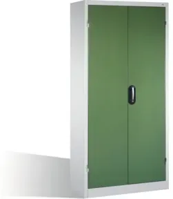 C+P Schwerlastschrank mit Drehtüren, 4 Böden und 3 Schübe, H1950xB930xT500mm Front Resedagrün Korpus Lichtgrau