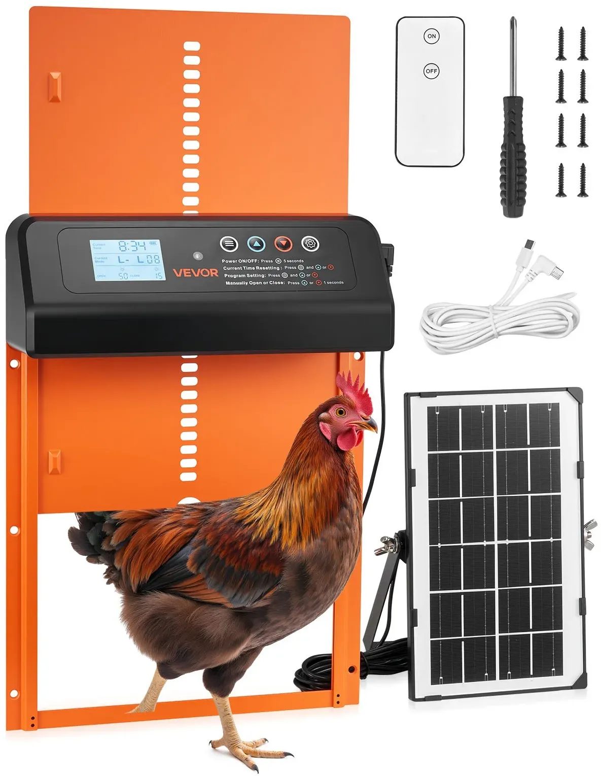 VEVOR Hühnerklappe Solar- & Batteriebetrieben, Hühnertür mit LCD-Display, Fernbedienung, Lichtsensor & Timer, Einklemmschutz, Hühnerstalltür aus Aluminiumlegierung, 350x250x73 mm, Orange