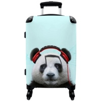 NoBoringSuitcases.com© Koffer Panda - Kopfhörer - Tier - Musiknoten - Rot 67x43x25cm, 4 Rollen, Mittelgroßer Koffer für Kinder, Trolley bunt