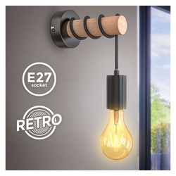 B.K.Licht Wandleuchte Wandlampe Vintage Stahl Holz rund E27 – BKL1342, ohne Leuchtmittel, 1 flammig Industrial Design Schwarz Nachttischlampe schwarz