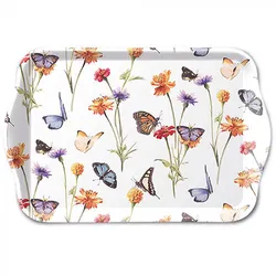 Tablett 13x21cm Melamin mit Schmetterlinge & Blumen Motiv - kleines Serviertablett Frühstückstablett Tischdeko Frühling Sommer Dekotablett Weiß Bunt