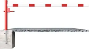 Schake Drehschranke 3,50m, für Vorhangschloss + Seilzugverstärkung, Drehpfosten: Ø 102mm, rot (RAL 3001) Schrankenarm: Aluminiumrohr 100x50mm, weiß / rot zum Einbetonieren