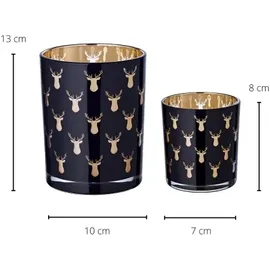 Edzard 2er-Set Teelichtglas Rosy (Höhe 8 & 13 cm), schwarz, Hirsch-Motiv