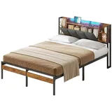 MSMASK Bettgestell Metallbett Bettrahmen mit LED-Beleuchtung und USB-Ladefunktion, Braun braun 140 cm x 200 cm
