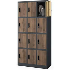 Jan Nowak Schließfachschrank Metall 185 cm x 90 cm x 40 cm Anthrazit-Holz 12 Fächer
