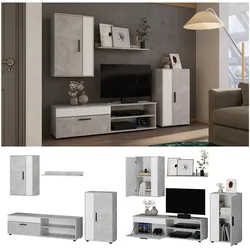 Vicco Wohnwand Berno Beton Weiß Schrankwand 4er-Set Wohnzimmer