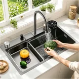 OMGMTSTORE 80 x 45 cm Wasserfall Küchenspüle Schwarz Anthrazit, Edelstahl Spüle Küche 1 Becken mit Ausziehbarer Armatur, Glasspüler, Abtropffläche, Ablaufgarnitur, Einbauspüle Waschbecken Küche