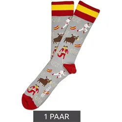 1 Paar Moustard San Fermin Baumwoll-Socken mit Stierkampf-Symbolen und Spanien-Flagge am Bund gemusterte lange Strümpfe 17SSFER Grau/Rot/Gelb - 41-46