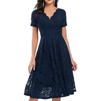 Graceyo Damen Spitzenkleid Abendkleid Hohe Taille Kurzarm V-Ausschnitt Cocktailkleid Vintage Retro A-Linie Festliche Party Ball Kleider Elegant Lässig Spitze Kleid Rockabilly Knielang - XXL