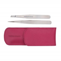 TWEEZERMAN Pinzetten Set mit Leder-Etui aus Rostfreiem Edelstahl, Schräge und Spitze Ausfürhung, Pink