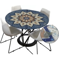 Morbuy Tischdecke Outdoor Rund 180 cm, Elastisch Rund Abwaschbar Tischdecken Wasserabweisend Lotuseffekt Garten Tischdecke Blau Mandala Table Cloth, Ideal für 160cm-170cm