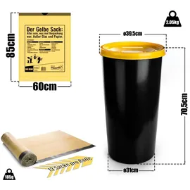 BigDean Gelber Sack Mülleimer 60L + 10 Rollen Gelber Sack – luftdichte gelbe Sack Tonne Germany