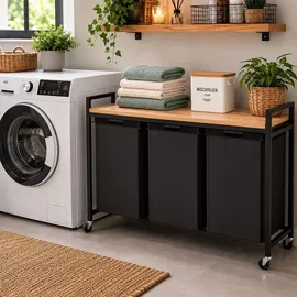 DanDiBo Ambiente DanDiBo Wäschekorb mit Rollen und 1 Ablage Wäscheregal Wäschesammler 3 Fächer 96697 Wäschebox Regal Wäschetonne Wäschesortierer Wäschetrenner