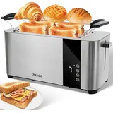 7MAGIC Toaster Edelstahl 4 Scheiben mit Brötchenaufsatz, 1400W 7 Bräunungsstufen, Langschlitz mit Touchscreen LED Anzeige, Auftau-/Aufwärm-/Schn... - Silber